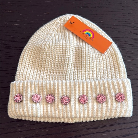 Kurt Geiger London Women’s Cream Knit Hat with Pink Crystal Embellishments